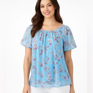 Lauren Conrad Blue Sheer Floral Short Sleeve Top XS Lined Tie Back Romantic